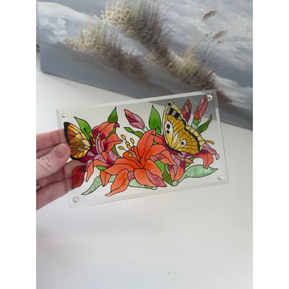 Hand Painted Glass Butterfly Lily Floral Tray Trivet Stained Glass Style 8x4